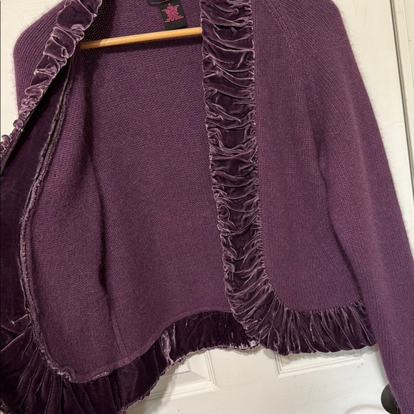Willi Smith Purple Lambswool Angora Silk Blend Velvet Ruffled Trim Cardigan XL - Picture 4 of 9